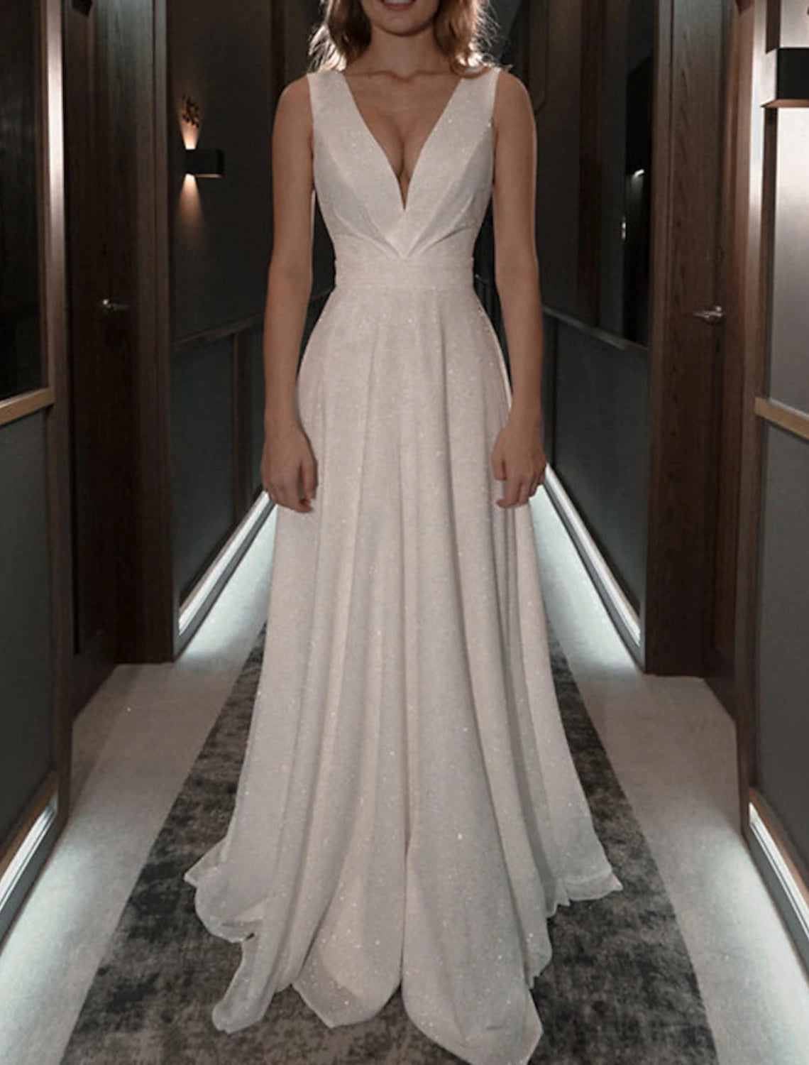Vestidos de fiesta de corte A, brillantes, para bodas, fiestas, cumpleaños, con cola larga y sin mangas, escote en V, para otoño, para recepción de boda, tul con lentejuelas